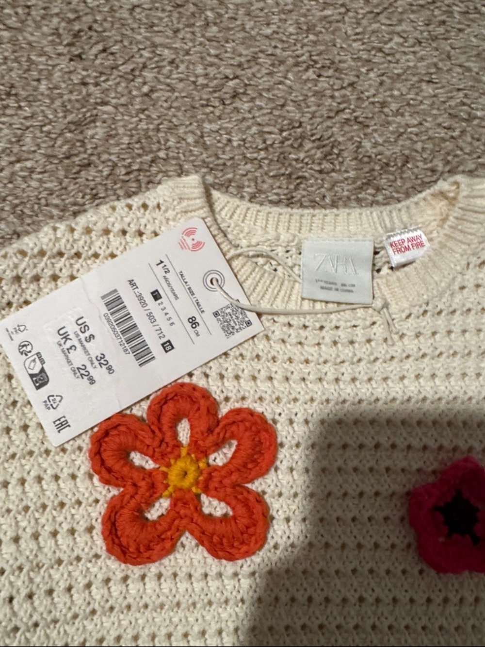 Zara Cream Crochet Sweater with Orange and Yellow Flower Applique - Picture 3 of 3